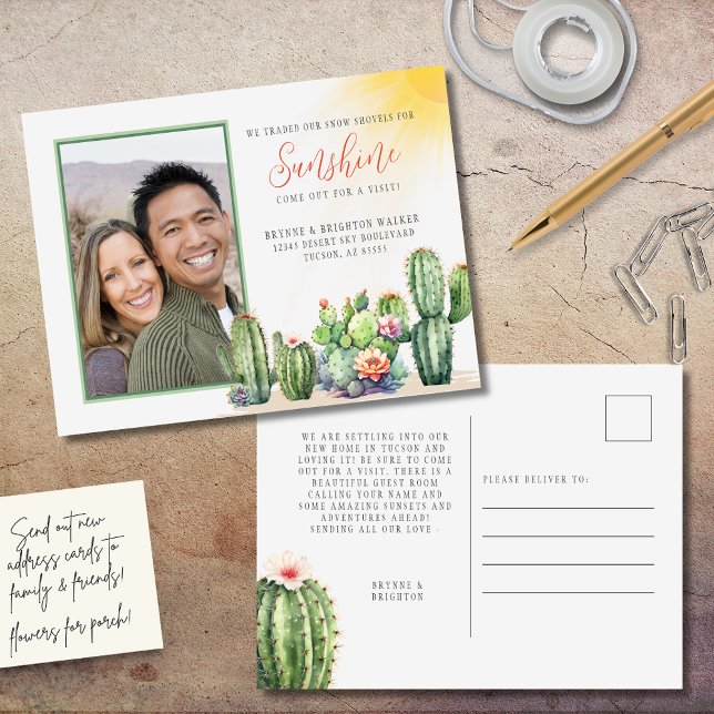 Wüstenaktuskaktus Wir haben Schnee in die Sunshine Postkarte (Cute cactus desert themed traded snow shovels for sunshine we've moved new change of address cards)