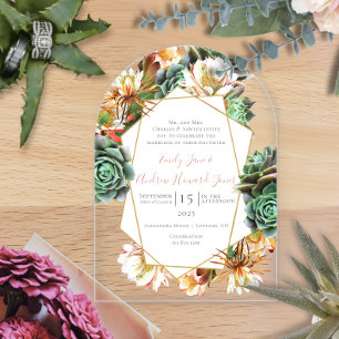 Wüstenkaktus Sukkulent Geometric Gold Wedding Acryleinladungen