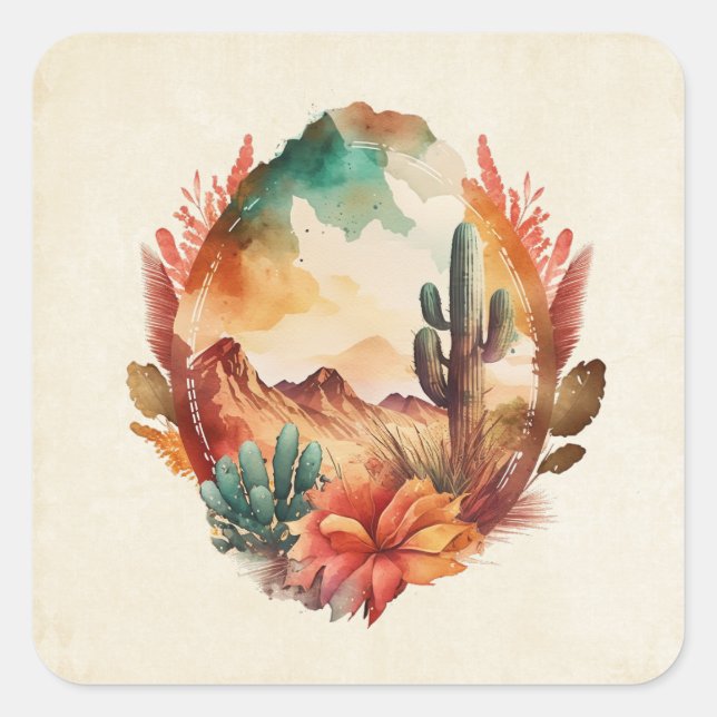 Wüstenkaktus und Gebirge Quadratischer Aufkleber (Vorderseite)
