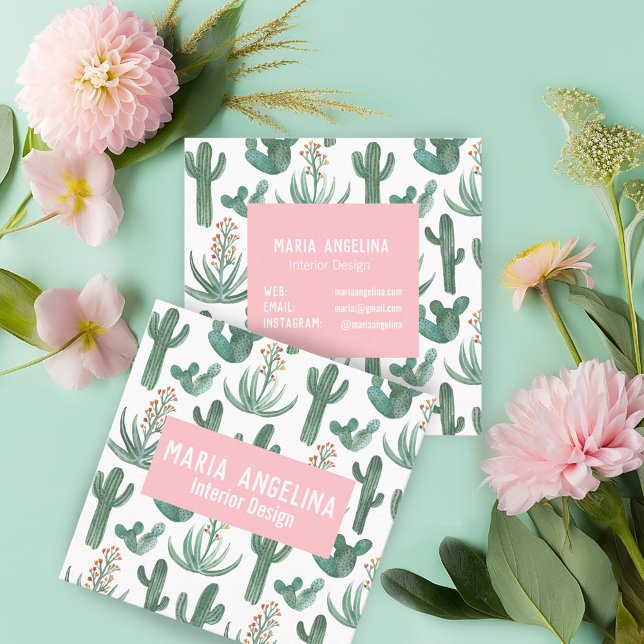 Wüstenkaktus und Sukkulturen Wasserfarbendesign Quadratische Visitenkarte (Desert Cactus and Succulents Watercolor Design Square Business Card Girly Feminine
)