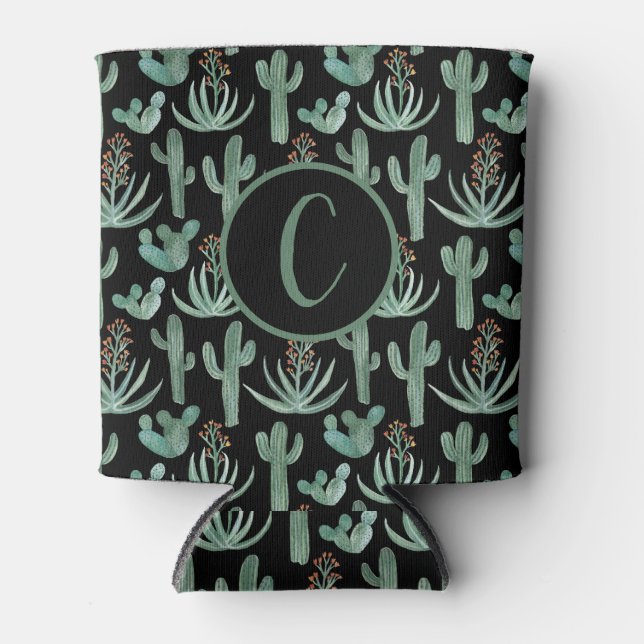 Wüstenkaktus Wasserfarbe CUSTOM Initials Black Dosenkühler (Vorderseite)