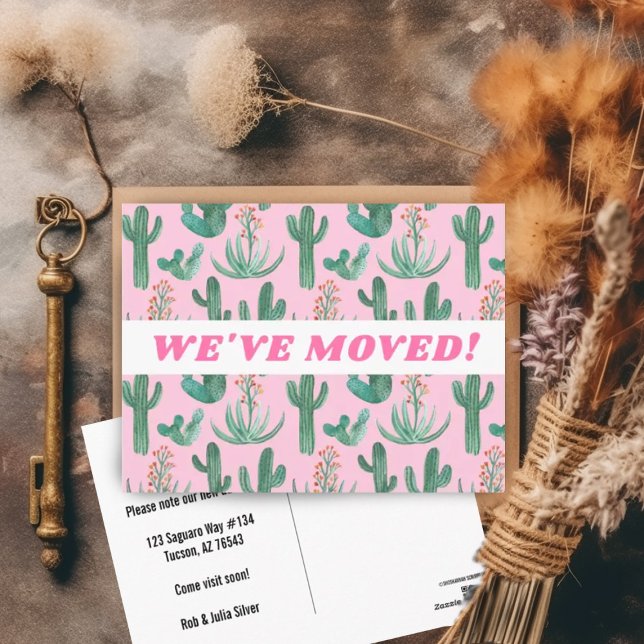 WüstenKaktus Wasserfarbe Rosa Postkarte (Cute watercolor cactus pattern on this custom moving announcement address change postcard)
