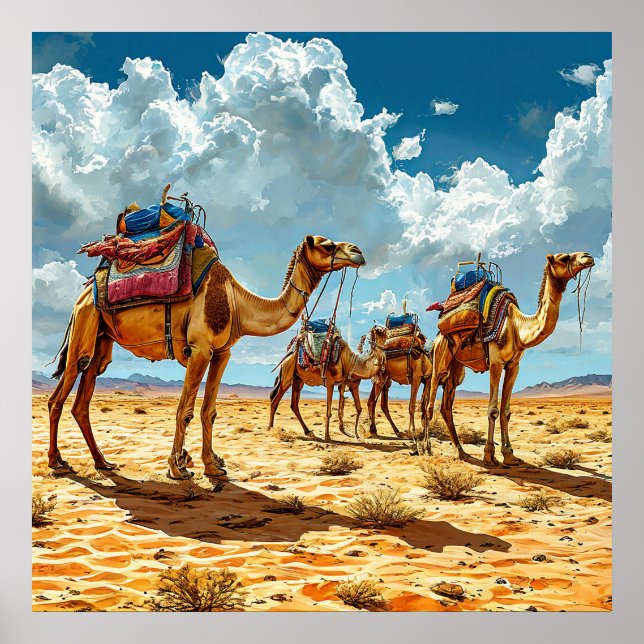 🐪 Wüstenkamelkarawane Sonnenuntergang Sahara Reis Poster (Vorne)