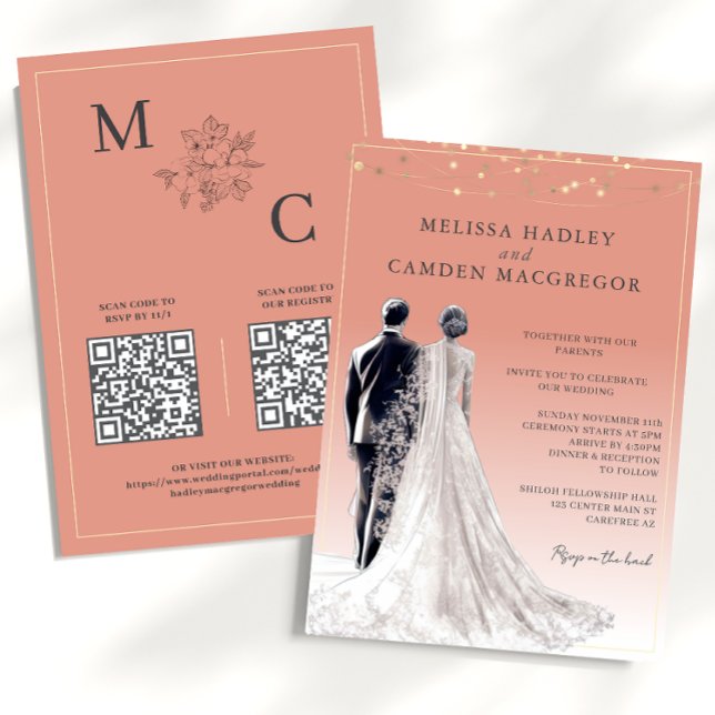 Wüstenkoralle Elegant Moderner QR Code Hochzeit Einladung (Von Creator hochgeladen)