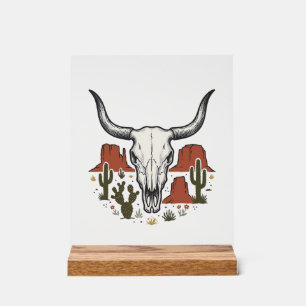 Wüstenkuhschädel Vintage Südwesten Kaktus Kunst Acrylschild