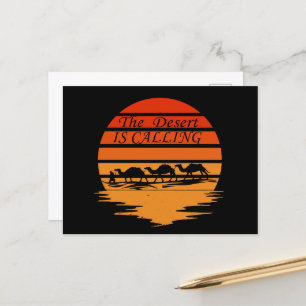 Wüstenlandschaft mit Kamelsonnenuntergang Vintag Feiertagspostkarte