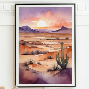 Wüstenlandschaft mit Sonnenuntergang und Kakteen Poster
