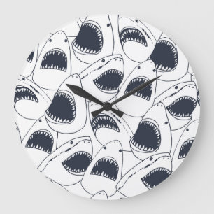 Wütender Hai, Vintages Doodle-Muster. Große Wanduhr