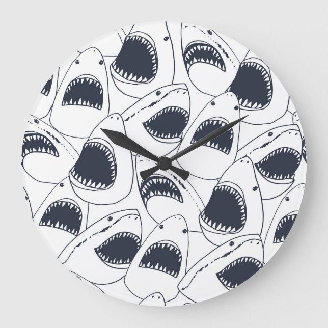 Wütender Hai, Vintages Doodle-Muster. Große Wanduhr (Vorderseite)