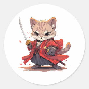 Wütender Samurai-Stil-Katzenheld Runder Aufkleber