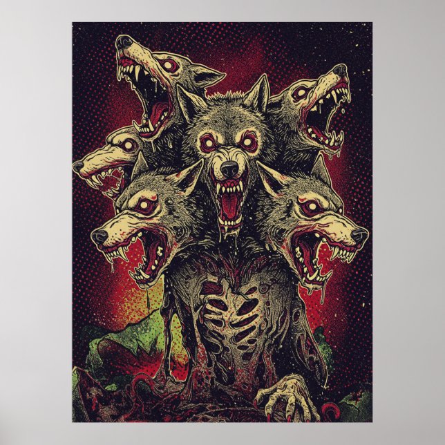 Wütendes dreiköpfiges Werwolf-Monster Poster (Vorne)