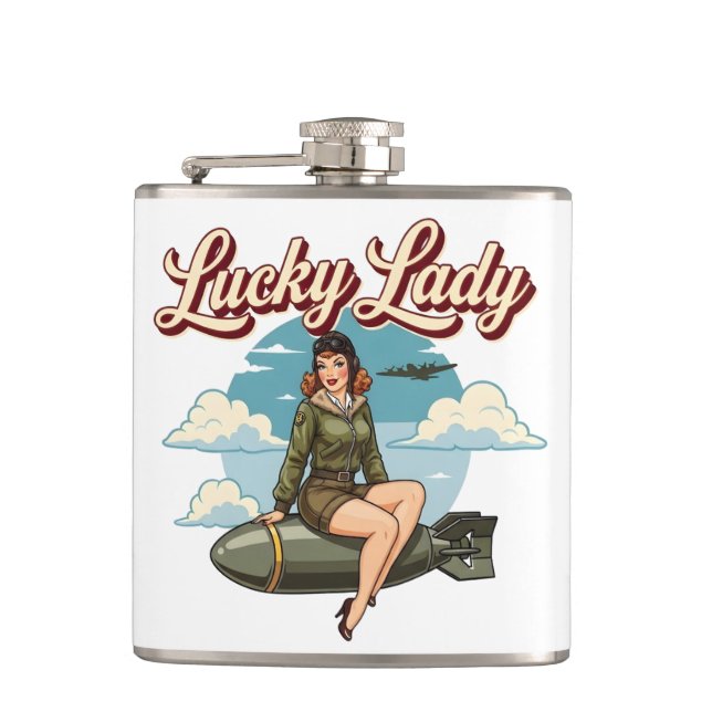 WWII Bomber "Lucky Lady" Nose Art Flachmann (Vorderseite)