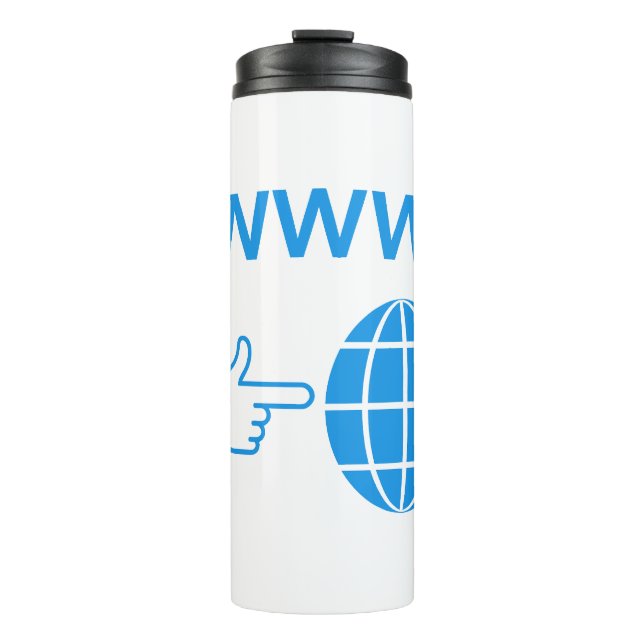 WWW World Wide Web Globus-Symbol mit Handzeiger Thermosbecher (Vorderseite)