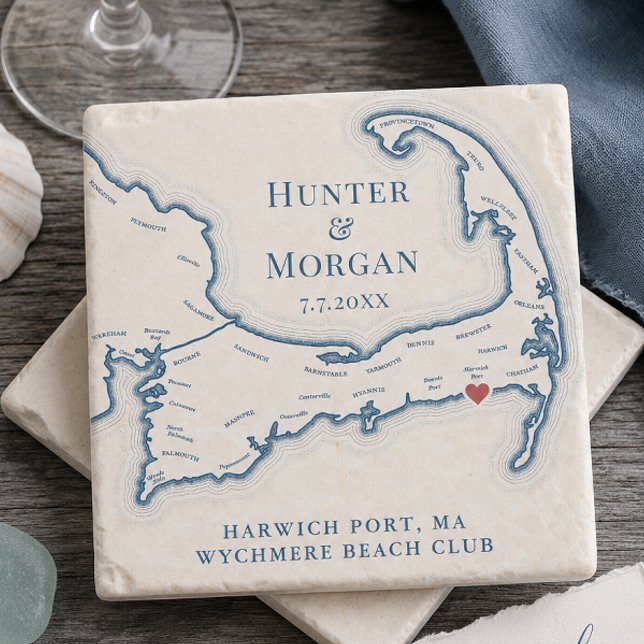 Wychmere Beach Club Hochzeitsgeschenk Cape Cod Kar Steinuntersetzer (Wychmere Beach Club Wedding Stone Coaster Cape Cod Map Wedding Favor by Coastal Map Designs)