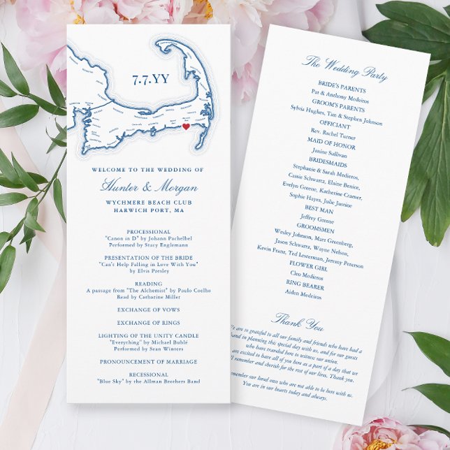 Wychmere Cape Cod Navy Hochzeit in Urlaubsort Programm (Wychmere Beach Club Wedding Program with Harwich Port MA Cape Cod Map in elegant navy blue )