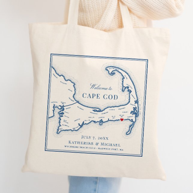 Wychmere Harwich Port MA Gastgeschenk Hochzeit Wil Tragetasche (Custom Wedding Favor Tote Bag with Harwich Port MA Map for an elegant blue Wychmere Beach Club)
