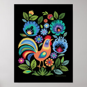 Wycinanki Hahn & Blumen, Polnischer Volksstil Poster