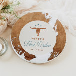 WYNONA First Rodeo Cowboy Birthday Party Pappteller<br><div class="desc">Diese rodeo-thematische Erstgeburtspapierplatte verfügt über einen braunen Kuhprint in Aquarellfarbe mit verbrannter Orange- und aquamariner Western-Grafik und einem Rodeo-Schriftart. Pair mit allem in der WYNONA Kollektion für das komplette Party-Look!</div>