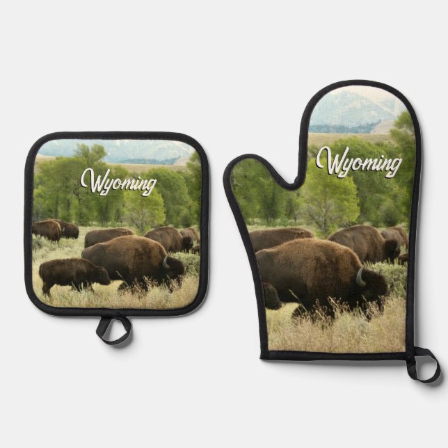 Wyoming Bison Nature Animal Photography Ofenhandschuh & Topflappen-Set (Vorderseite)