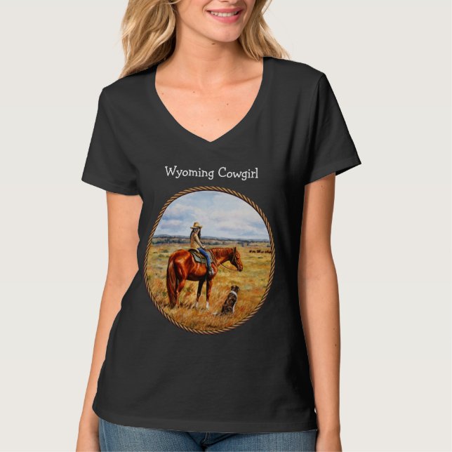 Wyoming Cowgirl am Rinderpferd T-Shirt (Vorderseite)