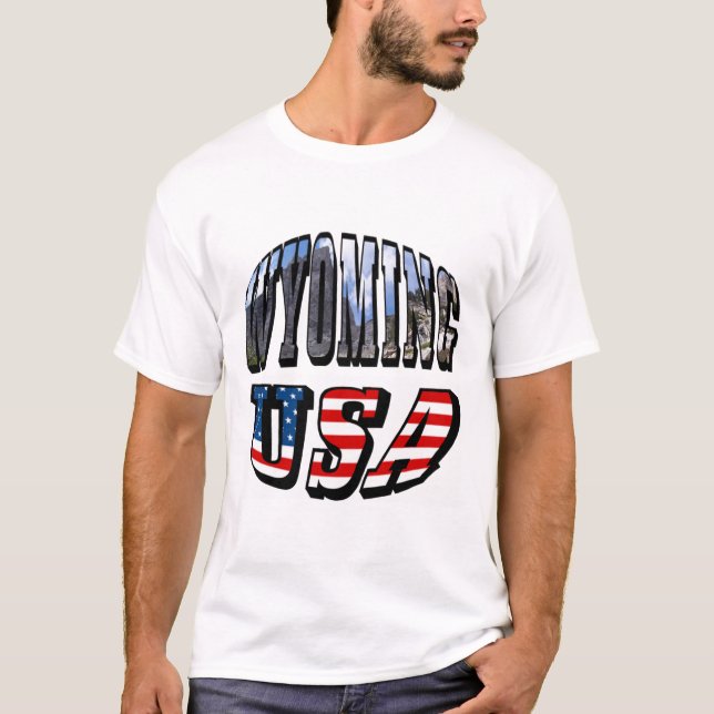 Wyoming Picture und USA Flag Text T-Shirt (Vorderseite)