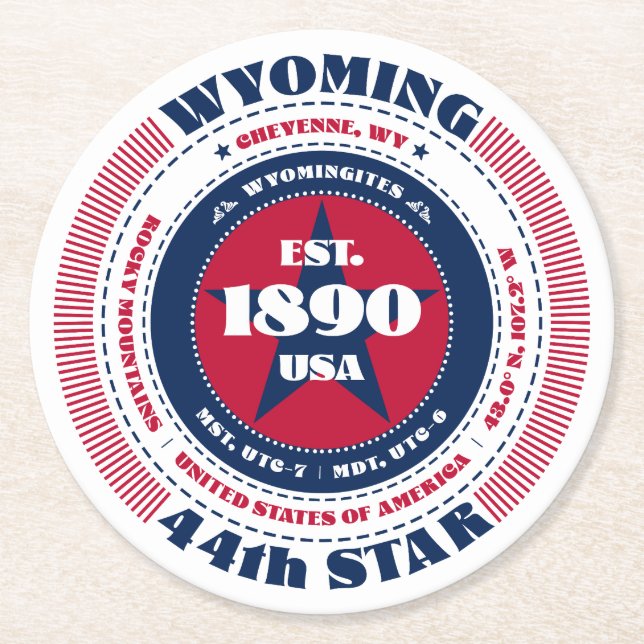 Wyoming Red White Blue Typografy Runder Pappuntersetzer (Vorderseite)