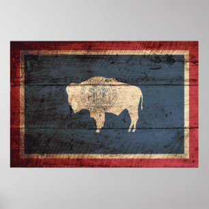 Wyoming State Flag auf Old Wood Grain Poster