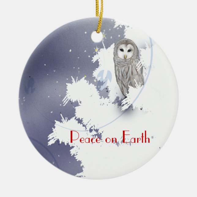 X003_Winter Eule, Weltfrieden Keramik Ornament (Vorne)