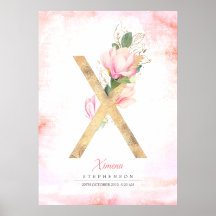 X Letter Monogram Gold Blätter Pink Magnolia Flora