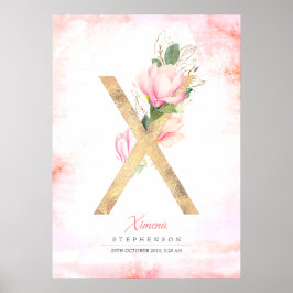 X Letter Monogram Gold Blätter Pink Magnolia Flora Poster