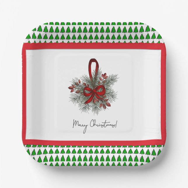 x-Mas Pine & Red Ribbon mit Baumgrenze Papierplatt Pappteller (Vorderseite)