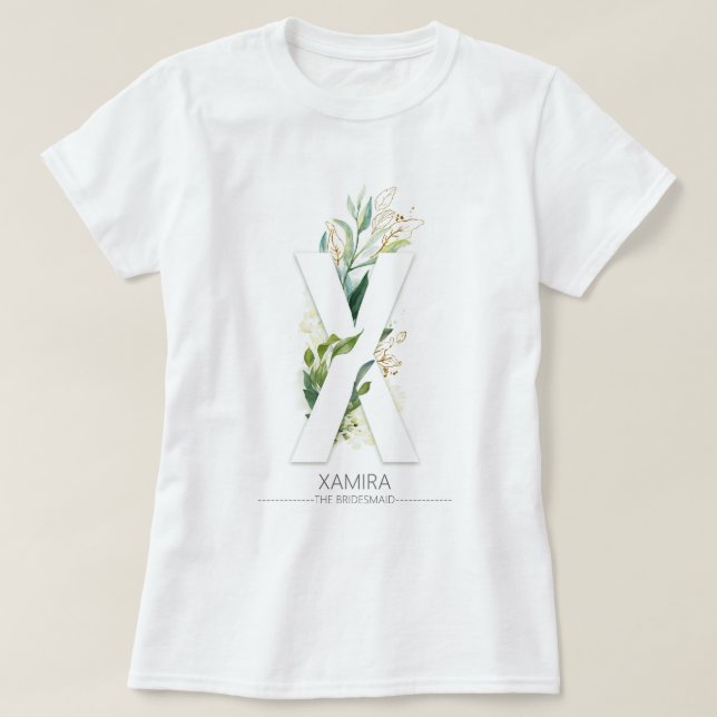 X Monogram Gold Greenery Blätter Elegant T-Shirt (Design vorne)