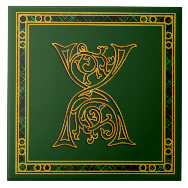 X Monogram "Irish Gold on Green" Keramik Tile Fliese (Vorderseite)