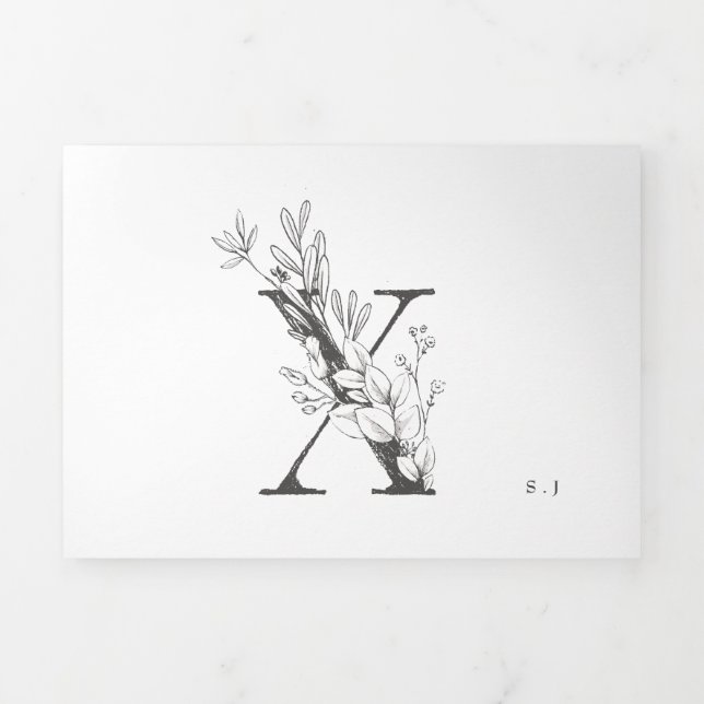'X' Monogram Schöne gezeichnete Blumenhochzeit Dreifach Gefaltete Einladung (Cover)