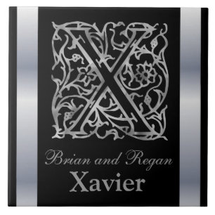 X Monogramm und Name "Besque on Black" Keramik Til Fliese