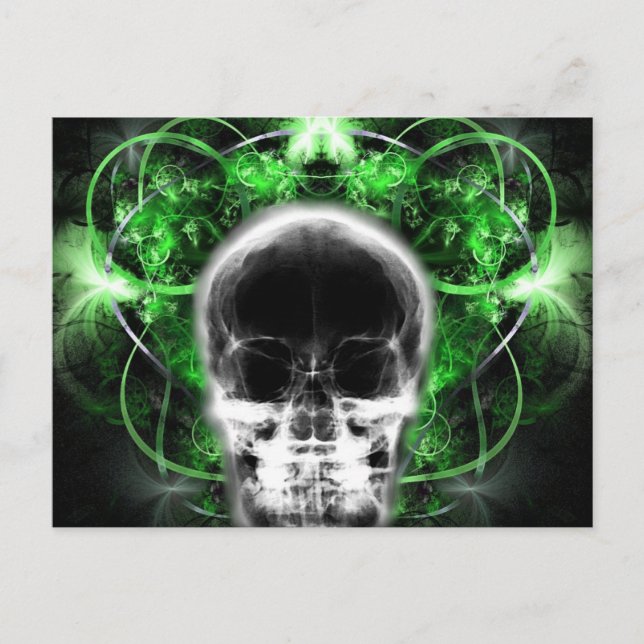 X-Ray Butterfly Fraktal Skull - Green Postkarte (Vorderseite)