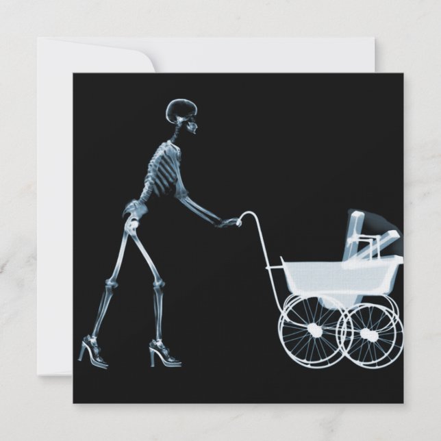 X-RAY SKELETON FRAU & BABY CARRIAGE - BLAU EINLADUNG (Vorderseite)