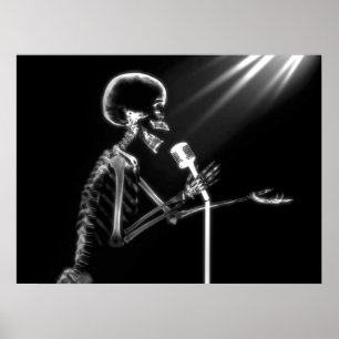 X-RAY SKELETON SINGING ON RETRO MIC - B&W POSTER