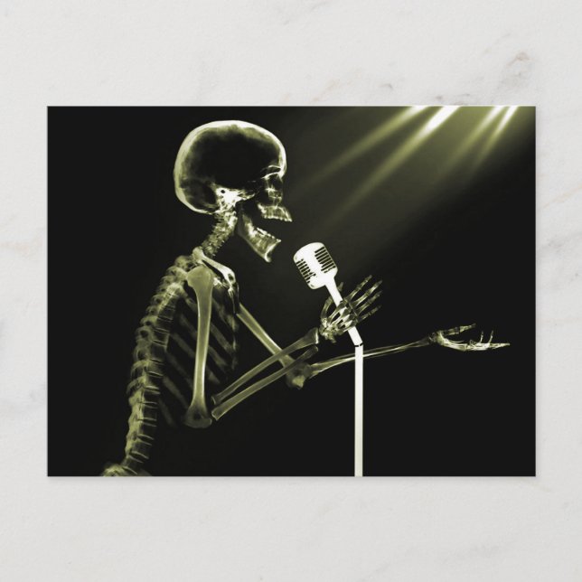 X-RAY SKELETON SINGING ON RETRO MIC - GELB POSTKARTE (Vorderseite)
