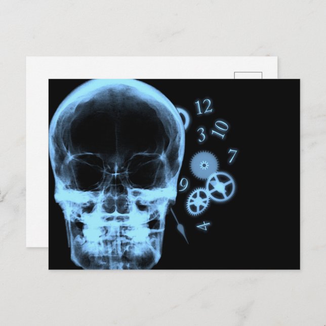 X-Ray-Skull & Clock-Parts - Blau Postkarte (Vorne/Hinten)