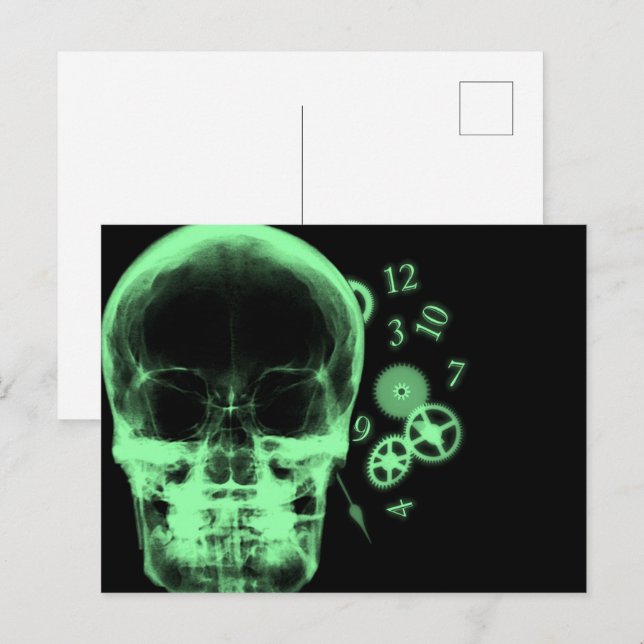 X-Ray-Skull- und Uhrenteile - grün Postkarte (Vorne/Hinten)