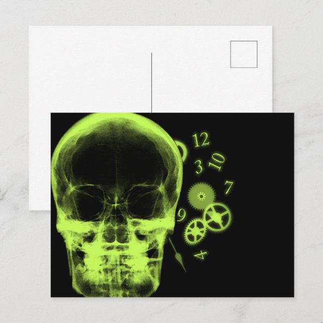 X-Ray-Skull- und Uhrenteile - Limettengrün Postkarte (Vorne/Hinten)