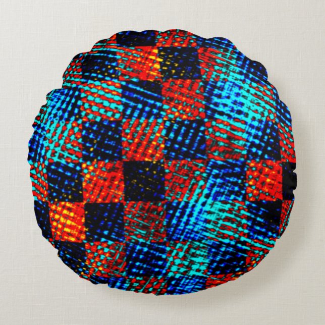 Xadrez azul, laranja quase vermelho, Fake sujo Rundes Kissen (Vorderseite)