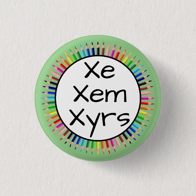 Xe Xem Xyrs Pronomen im Kreis der farbigen Stifte Button (Vorderseite)