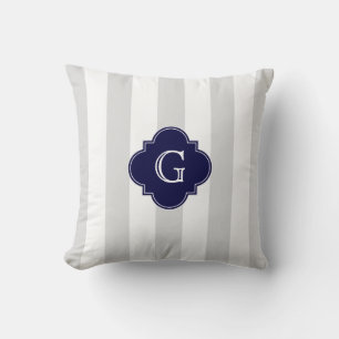 XL Lt Graue, weiße Streifen Navy Quatrefolienmonog Kissen