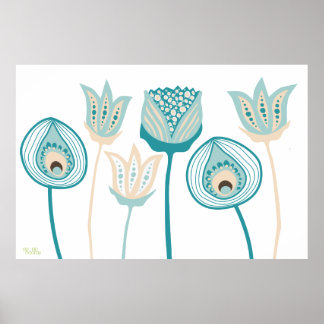 XL Turquoise Aqua Vintage Funky Blume Art Poster