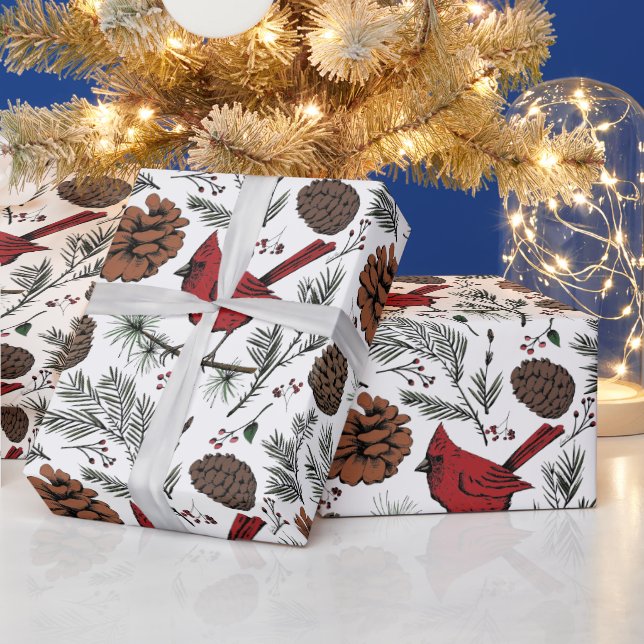 XL Winter Roter Kardinal und Pine Cones Geschenkpapier (Feiertage)