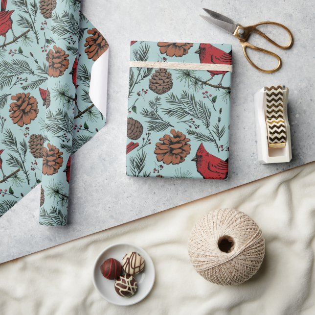 XL Winter Roter Kardinal und Pine Cones Geschenkpapier (Kunsthandwerk)