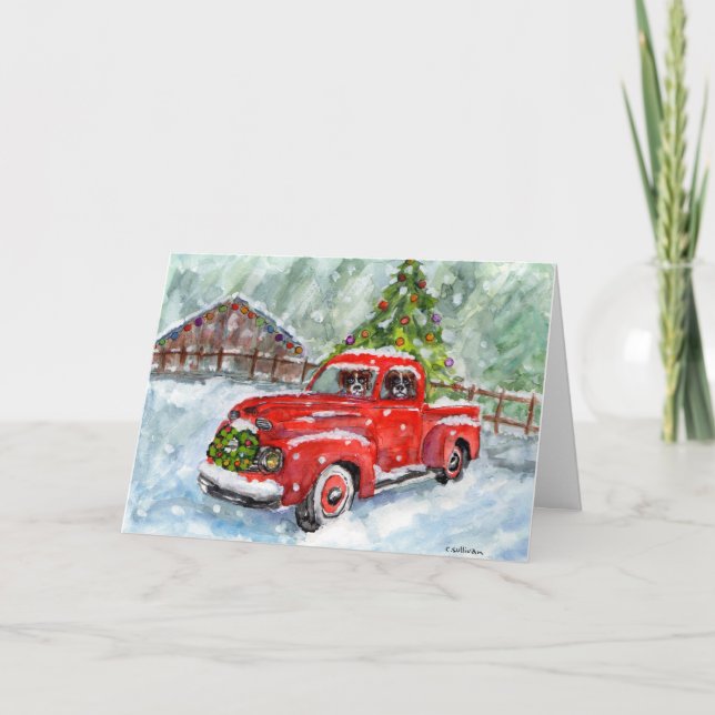 Xmas Aquarell 2 Boxer, roter LKW, Schnee Karte (Vorderseite)