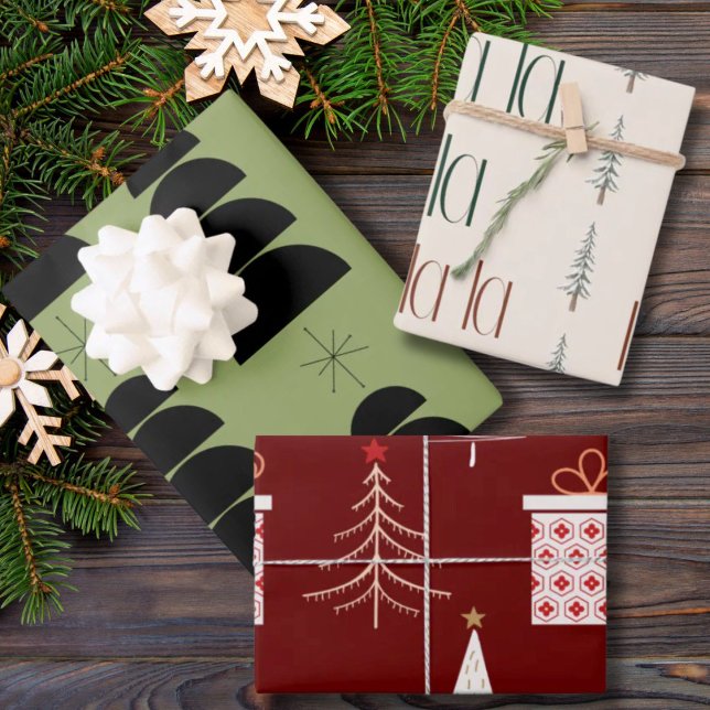 Xmas Baum GIfts und Fa La La Red Green Beige Geschenkpapier Set (Green Red, And Beige Boho Christmas Tree And Fa La La La La Wrapping Paper Sheets)